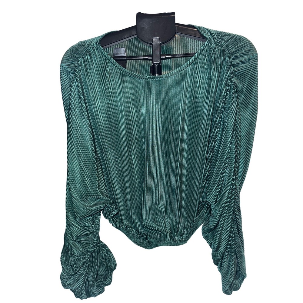 Jolie & Joy Green Plisse Pleated Cropped Blouse Long Sleeve Top NWT Large